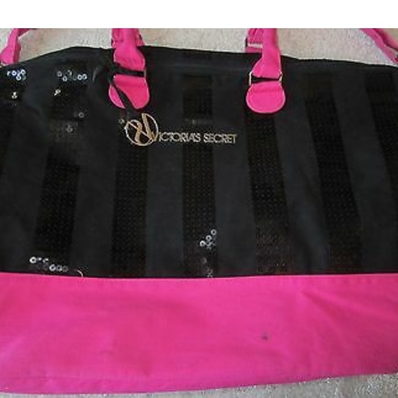 Victoria’s Secret Black Pink Sequined Tote Duffle Bag Shoulder Strap Good Size - Picture 5 of 9